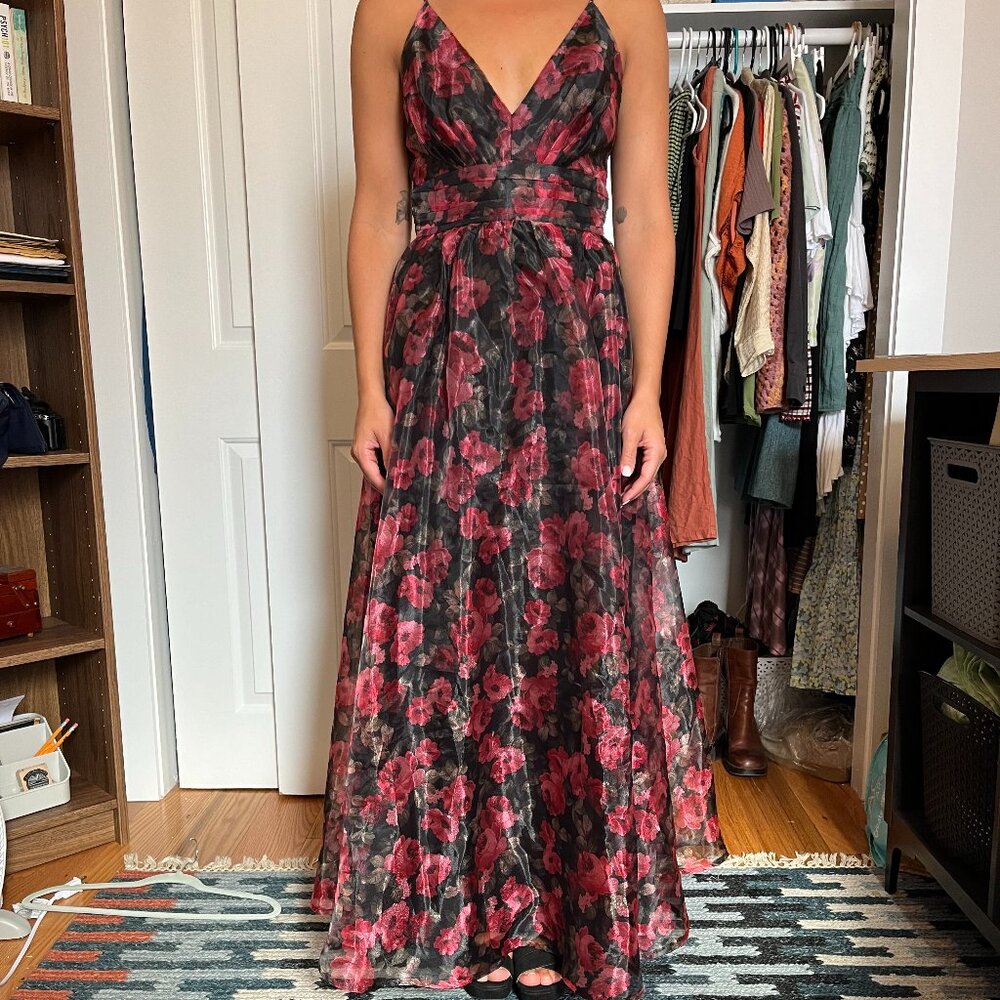 Lulus Simply Divine Black and Red Floral Print Organza Maxi Dress